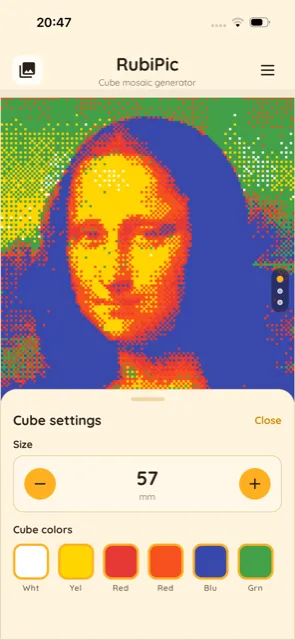 Cube settings screen: size and colors
