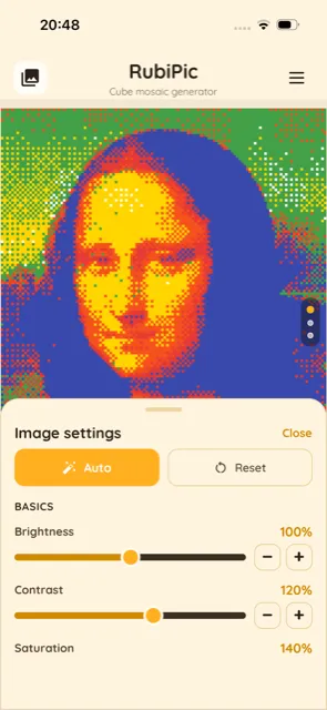 Image settings screen: brightness, contrast, saturation