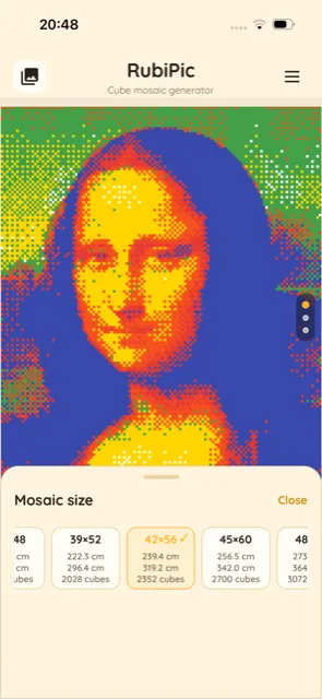 Mosaic size picker with real-world dimensions in cm